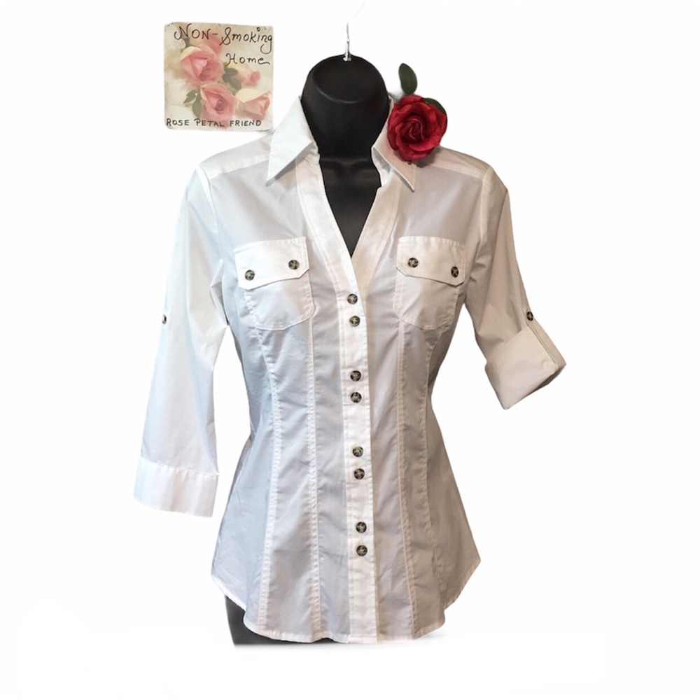 NEW YORK & CO STRETCH XS BUTTON UP TOP Princess seams 3/4 SLEEVES WHITE …